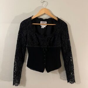 Whimsygoth 90s Rickie Freeman for Teri Jon black lace wool corset fitted jacket